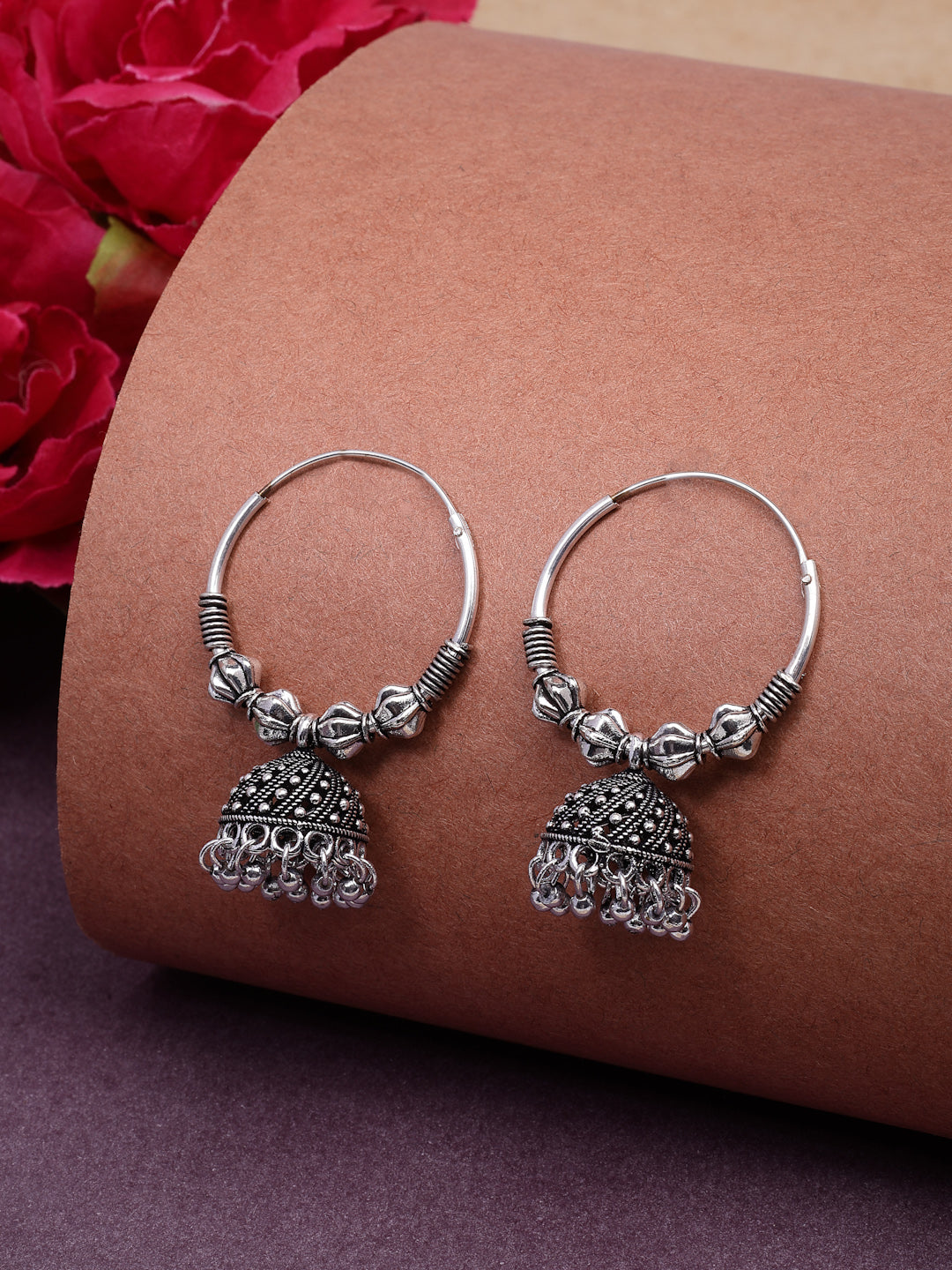 NVR Women's Ethnic Silver Plated Oxidized Circle Jhumka Earrings