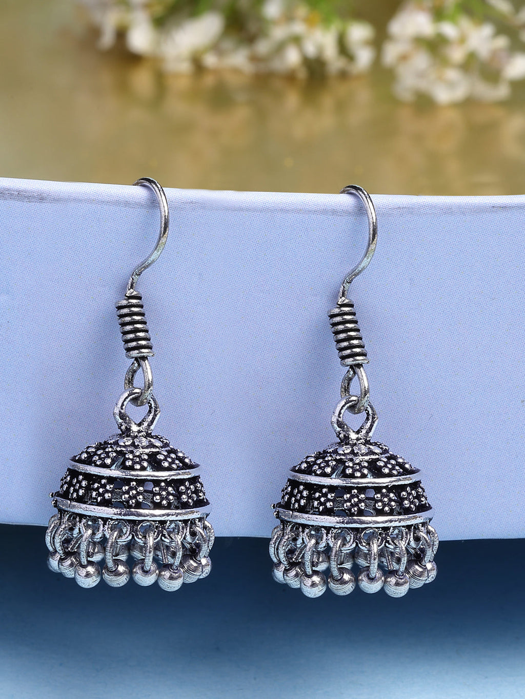 NVR Women Silver Plated Oxidized Traditional Jhumka Earrings