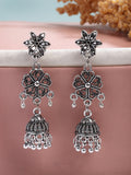 NVR Women Silver Toned Oxidized Floral Design Jhumka Earrings | Grocsy