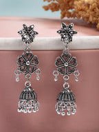 NVR Women Silver Toned Oxidized Floral Design Jhumka Earrings | Grocsy