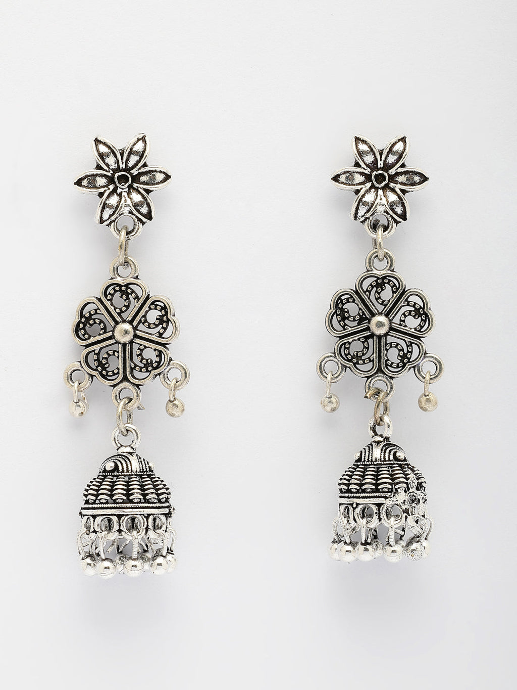 NVR Women Silver Toned Oxidized Floral Design Jhumka Earrings | Grocsy