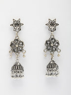 NVR Women Silver Toned Oxidized Floral Design Jhumka Earrings | Grocsy