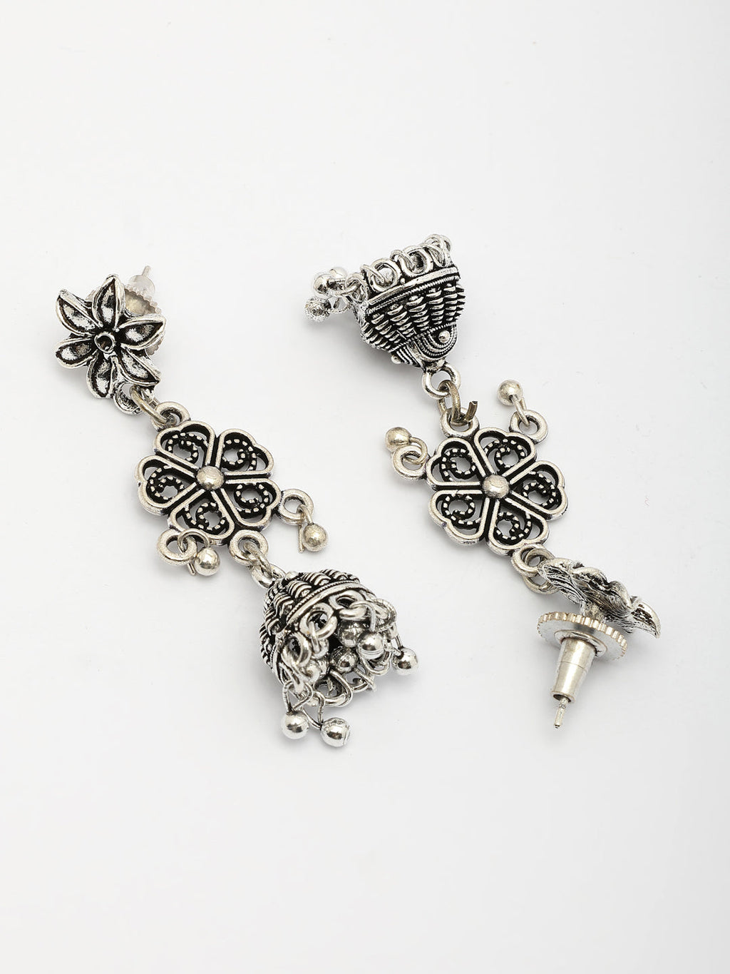 NVR Women Silver Toned Oxidized Floral Design Jhumka Earrings | Grocsy