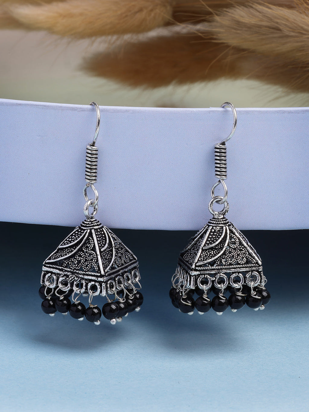 NVR Women's Oxidized Silver Plated Black Artificial Beads Jhumka Earrings | Grocsy