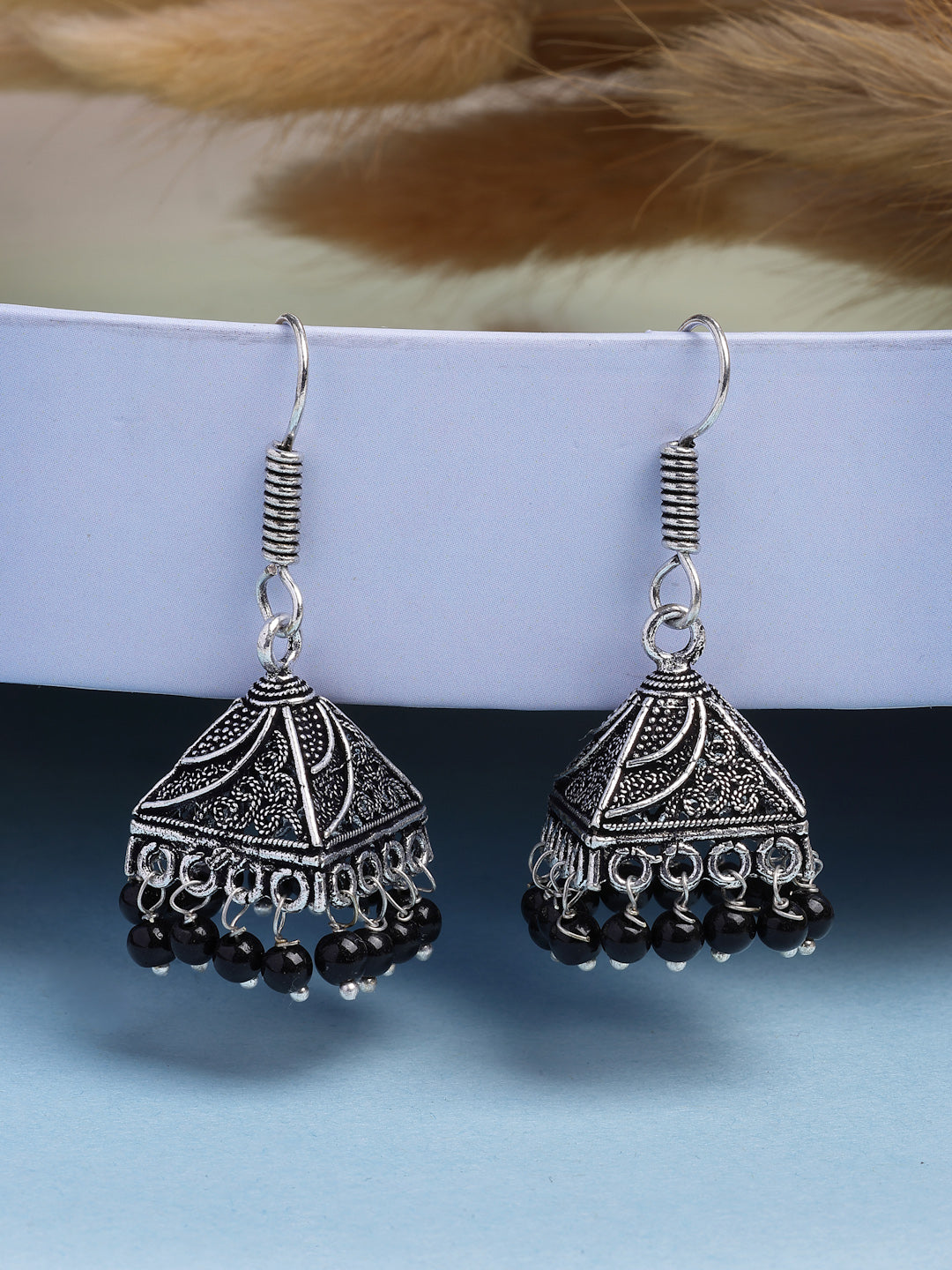 NVR Women's Oxidized Silver Plated Black Artificial Beads Jhumka Earrings | Grocsy