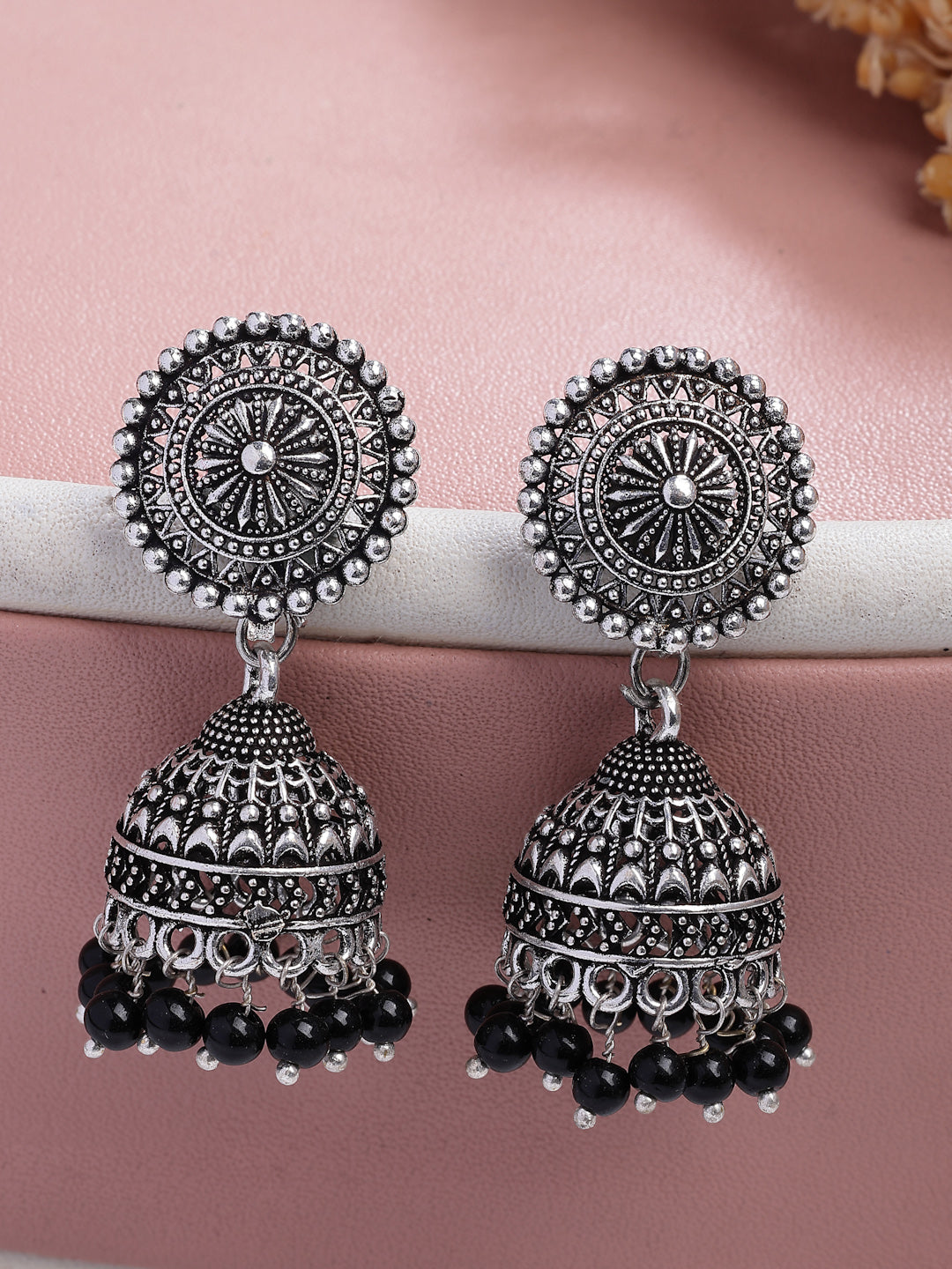 NVR Women's Oxidized Silver Plated Black Artificial Beads Jhumka Earrings | Grocsy