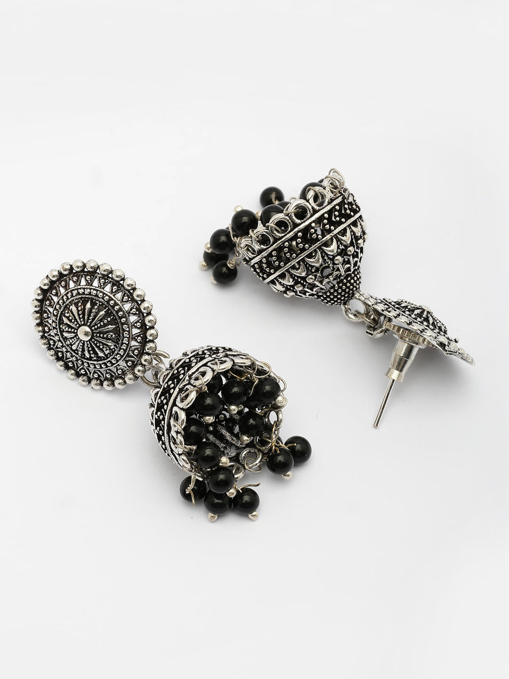 NVR Women's Oxidized Silver Plated Black Artificial Beads Jhumka Earrings | Grocsy
