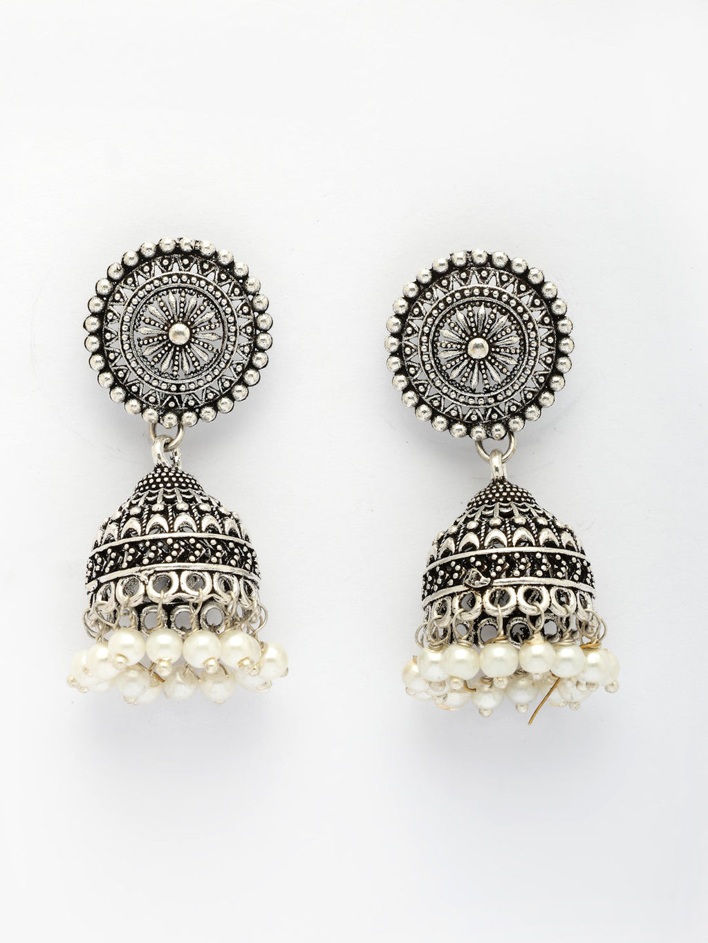 NVR Women's Oxidized Silver Plated White Artificial Beads Jhumka Earrings