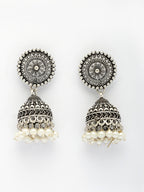 NVR Women's Oxidized Silver Plated White Artificial Beads Jhumka Earrings