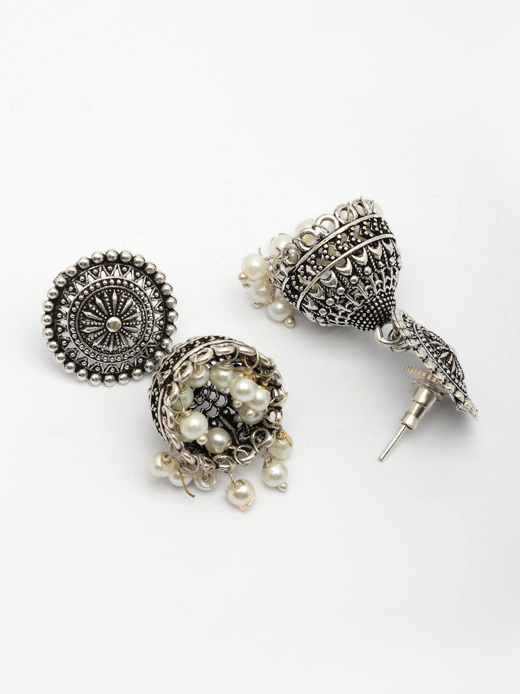 NVR Women's Oxidized Silver Plated White Artificial Beads Jhumka Earrings