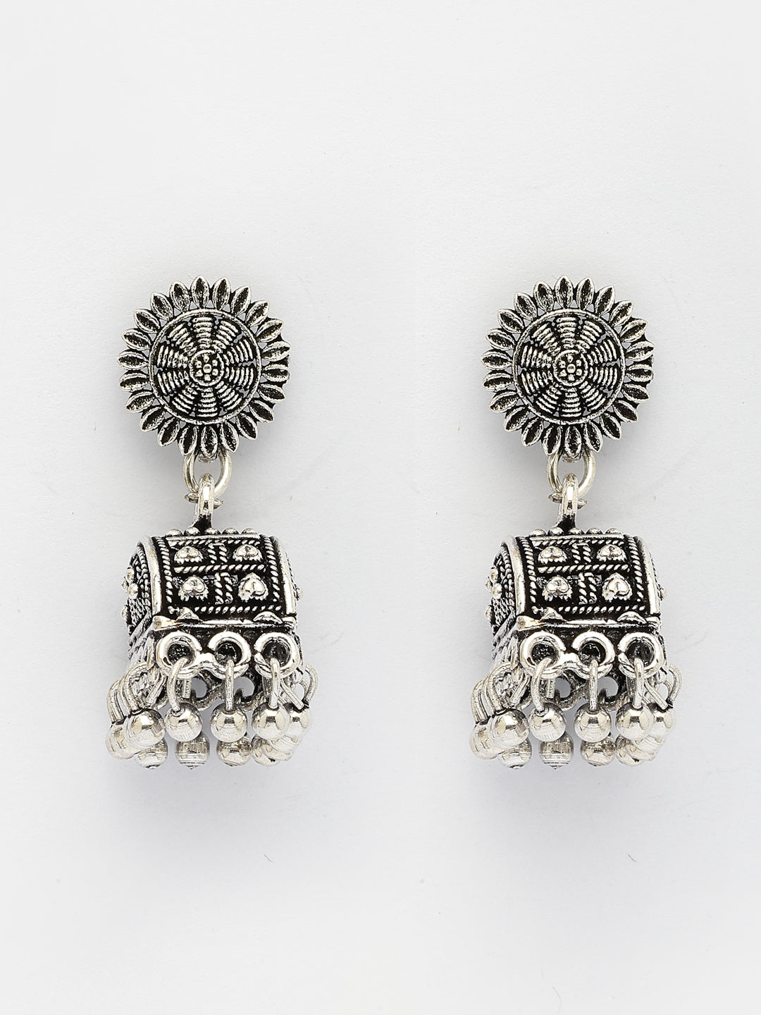 NVR Women Silver-Plated Oxidized Contemporary Jhumkas Earrings