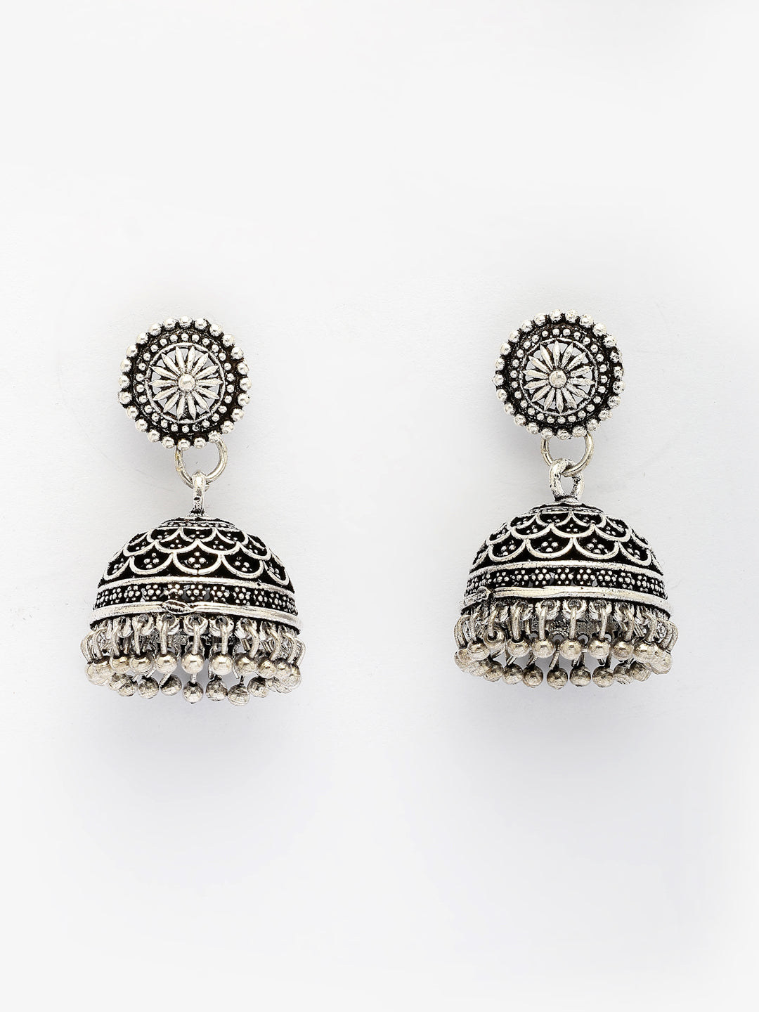 NVR Women Silver Plated Round Shape Oxidized Traditional Jhumka Earrings | Grocsy