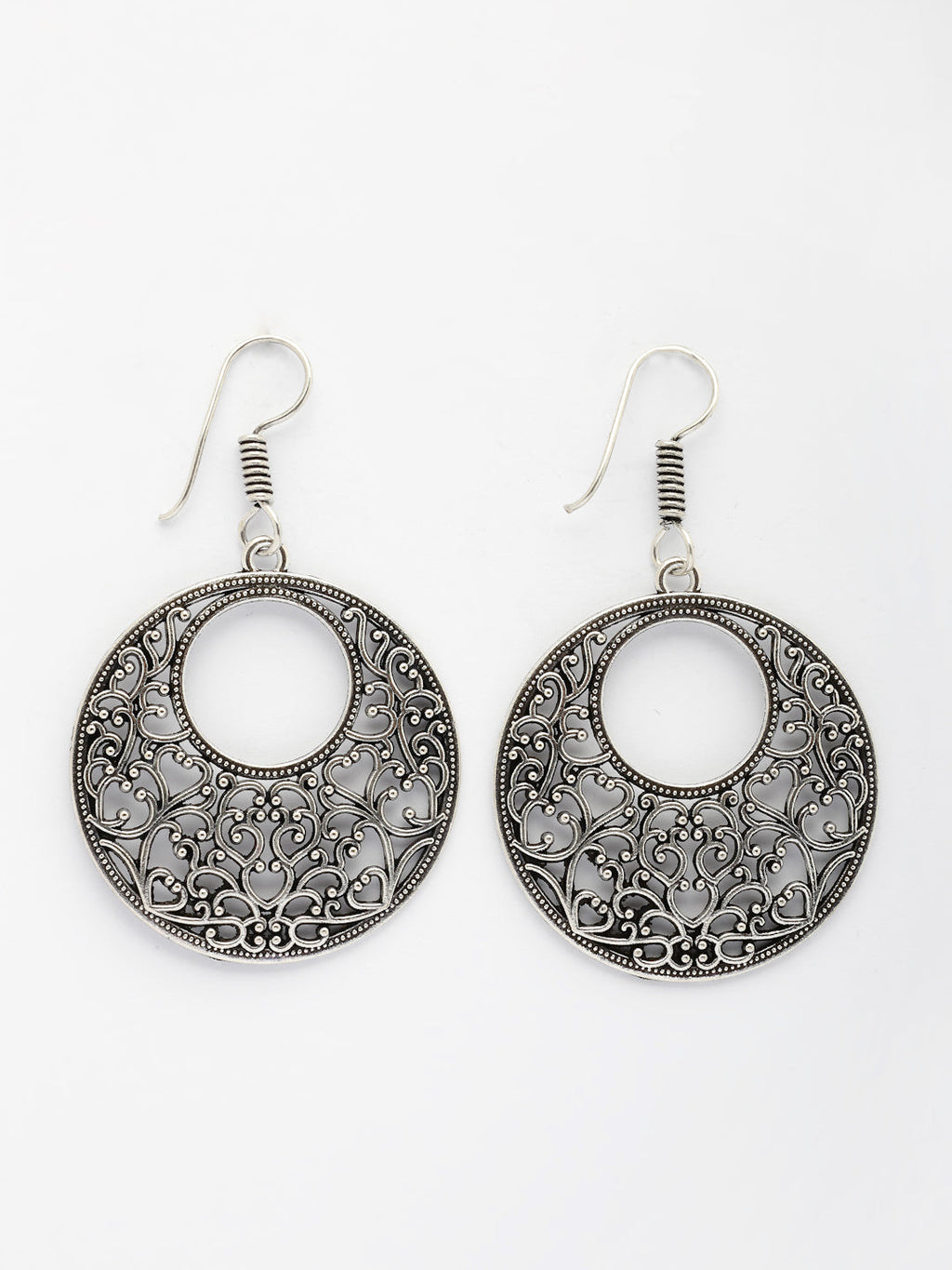 NVR Women Ethnic Silver-Plated Oxidized Chandbali Earrings