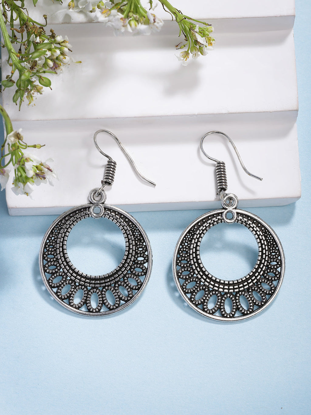 NVR Women Ethnic Oxidized Silver-Plated Chandbali Earrings