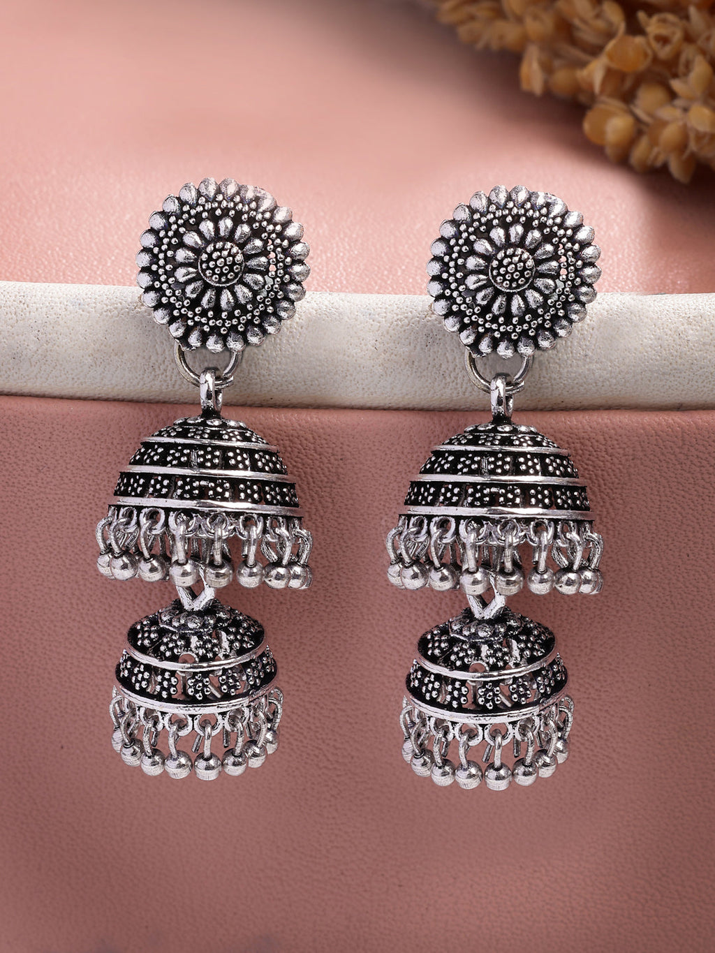 NVR Women Silver Plated Oxidized German Silver Jhumka Earrings