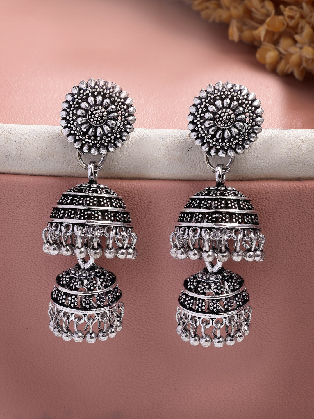 NVR Women Silver Plated Oxidized German Silver Jhumka Earrings