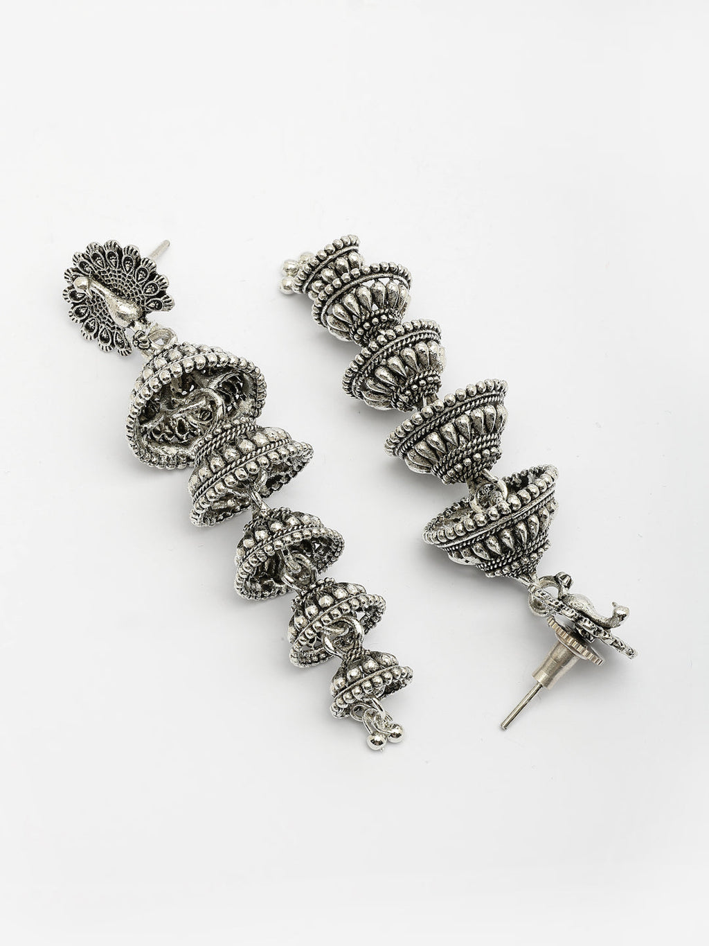 NVR Women Silver Plated Oxidized Peacock Design Layered Jhumka Earrings