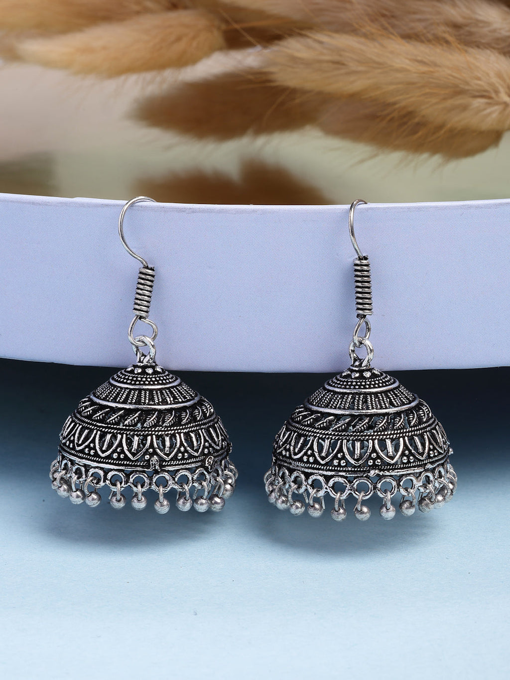 NVR Women's Silver Plated Oxidized German Silver Jhumka Earrings | Grocsy