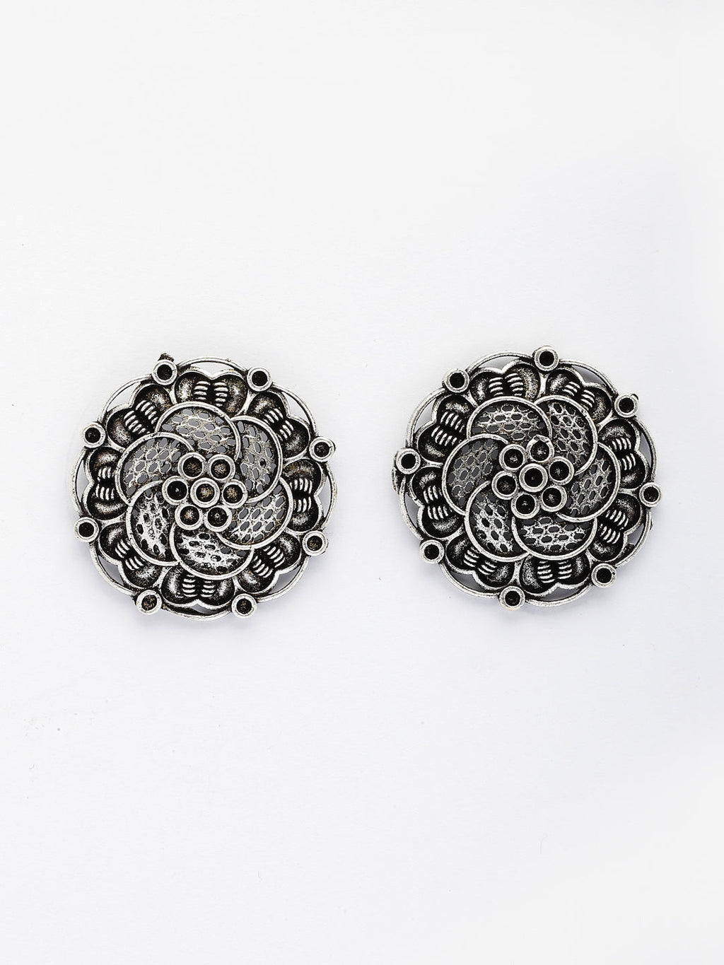 NVR Women's Silver Plated Oxidized Floral Design Stud Earrings | Grocsy