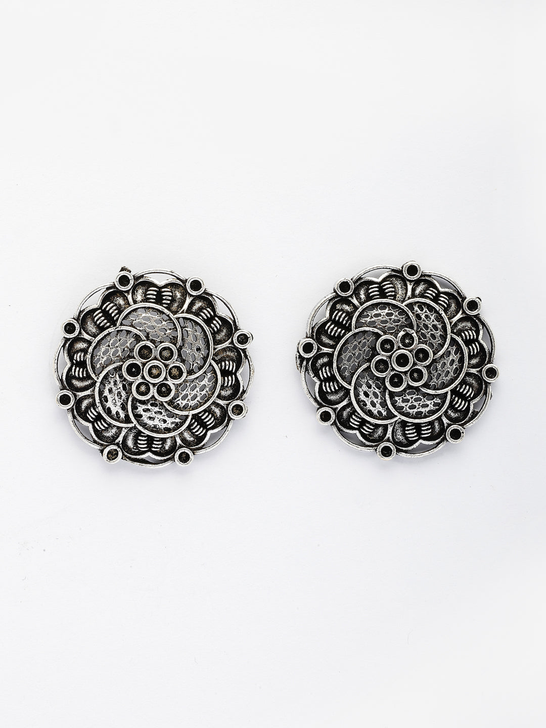 NVR Women's Silver Plated Oxidized Floral Design Stud Earrings | Grocsy