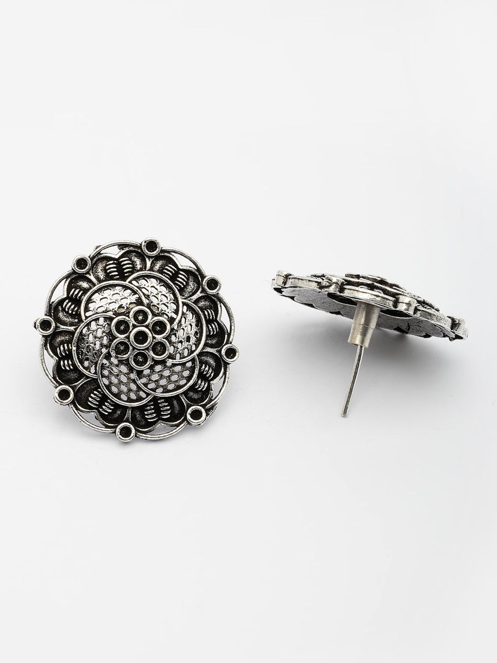 NVR Women's Silver Plated Oxidized Floral Design Stud Earrings | Grocsy