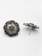 NVR Women's Silver Plated Oxidized Floral Design Stud Earrings | Grocsy