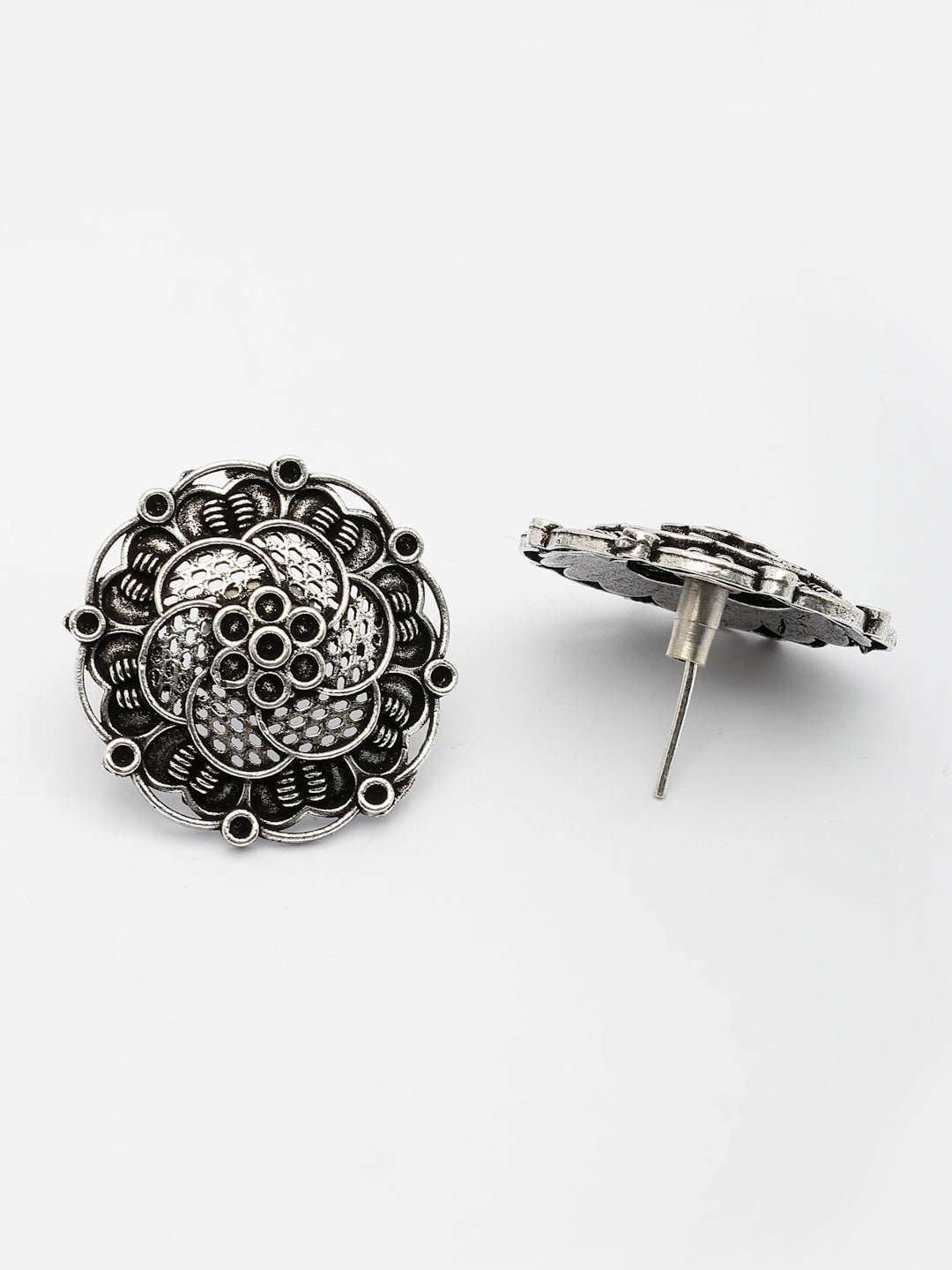 NVR Women's Silver Plated Oxidized Floral Design Stud Earrings | Grocsy