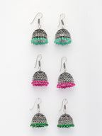 NVR Women Pair of 3 Oxidized Silver Plated Multicolor Artificial Beads Jhumka Earrings