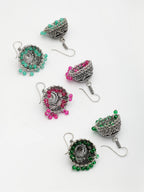 NVR Women Pair of 3 Oxidized Silver Plated Multicolor Artificial Beads Jhumka Earrings