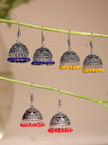 NVR Women's Pair of 3 Oxidized Silver Plated Multicolor Artificial Beads Jhumka Earrings