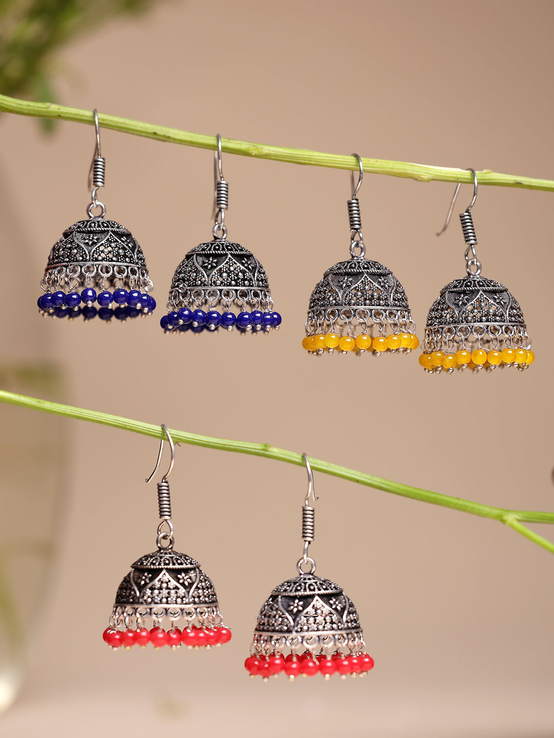 NVR Women's Pair of 3 Oxidized Silver Plated Multicolor Artificial Beads Jhumka Earrings