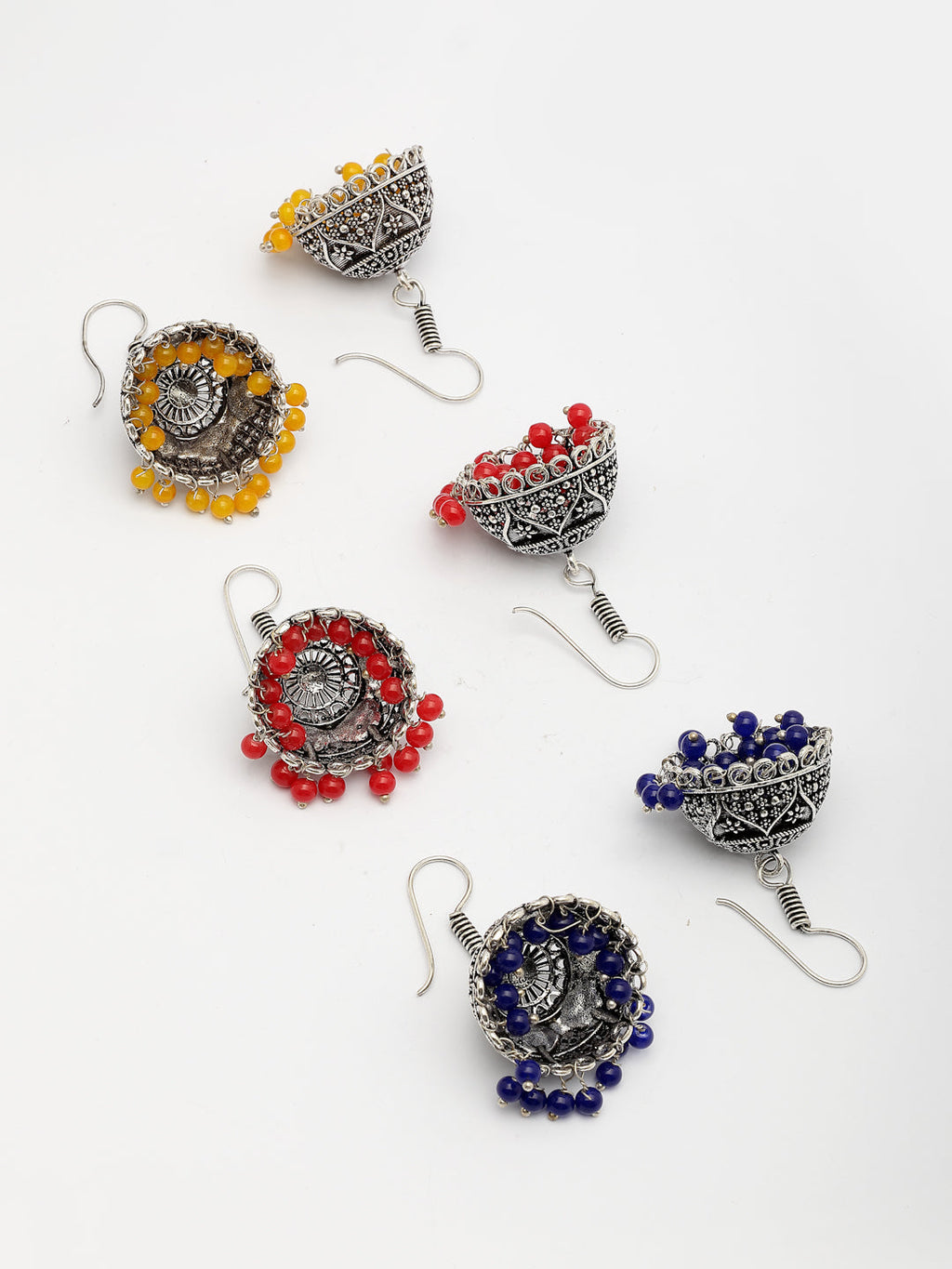 NVR Women's Pair of 3 Oxidized Silver Plated Multicolor Artificial Beads Jhumka Earrings