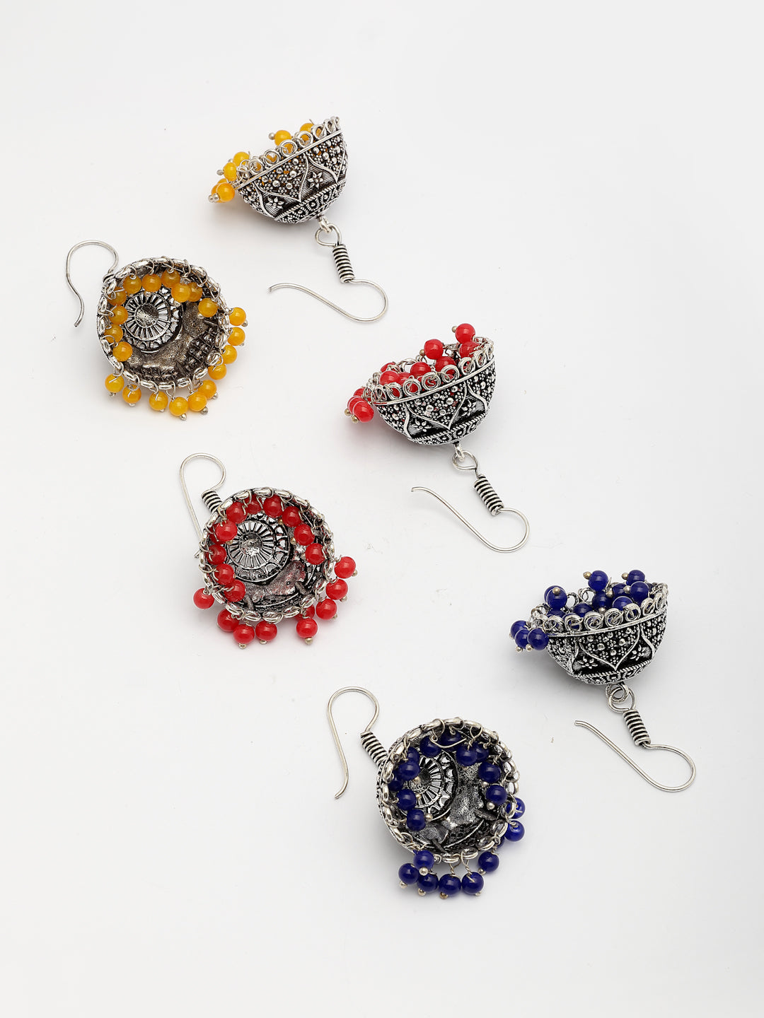 NVR Women's Pair of 3 Oxidized Silver Plated Multicolor Artificial Beads Jhumka Earrings