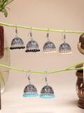 NVR Women Pair of 3 Multicolor Artificial Beads Oxidized Silver Plated Jhumka Earrings