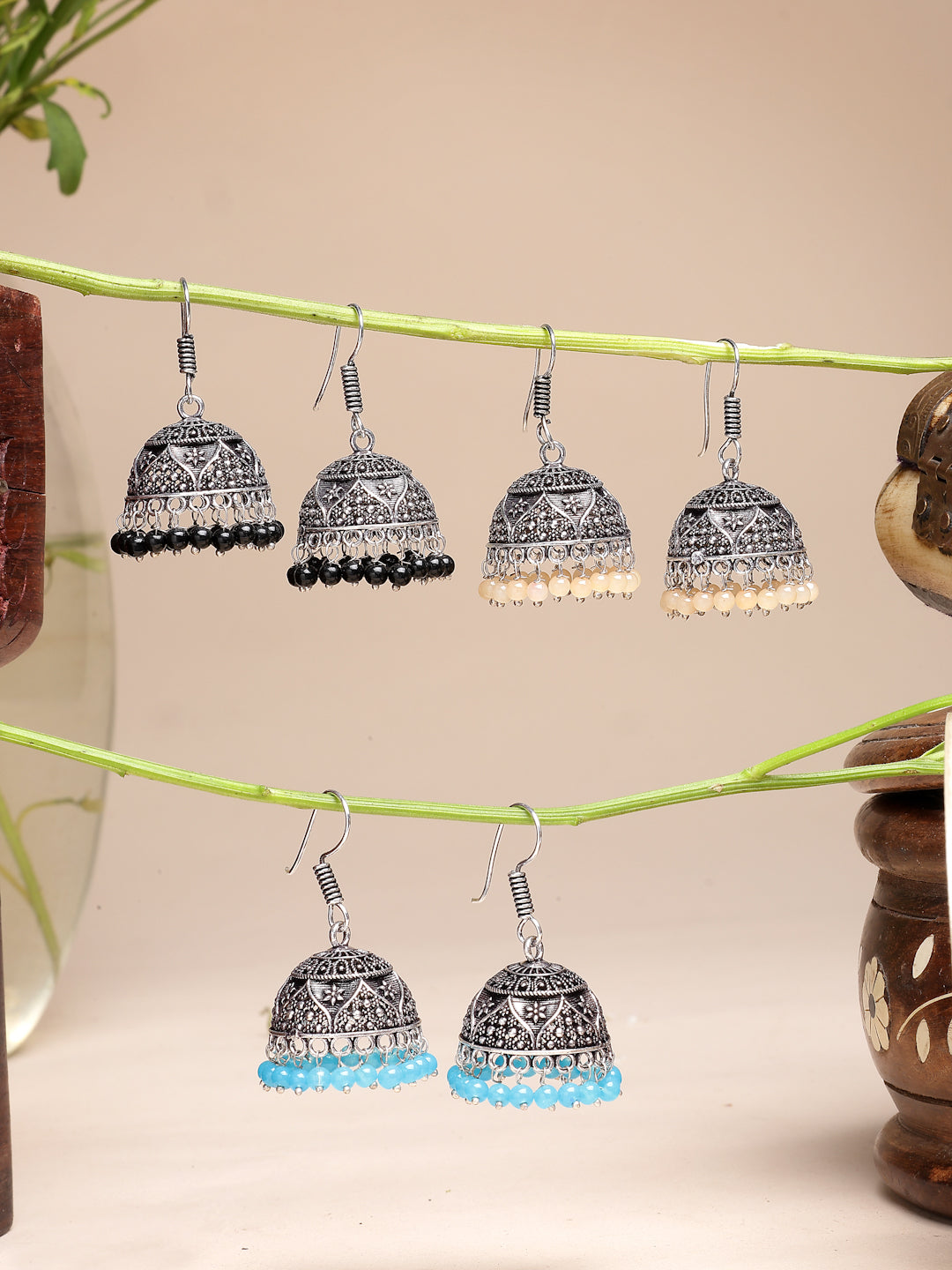 NVR Women Pair of 3 Multicolor Artificial Beads Oxidized Silver Plated Jhumka Earrings