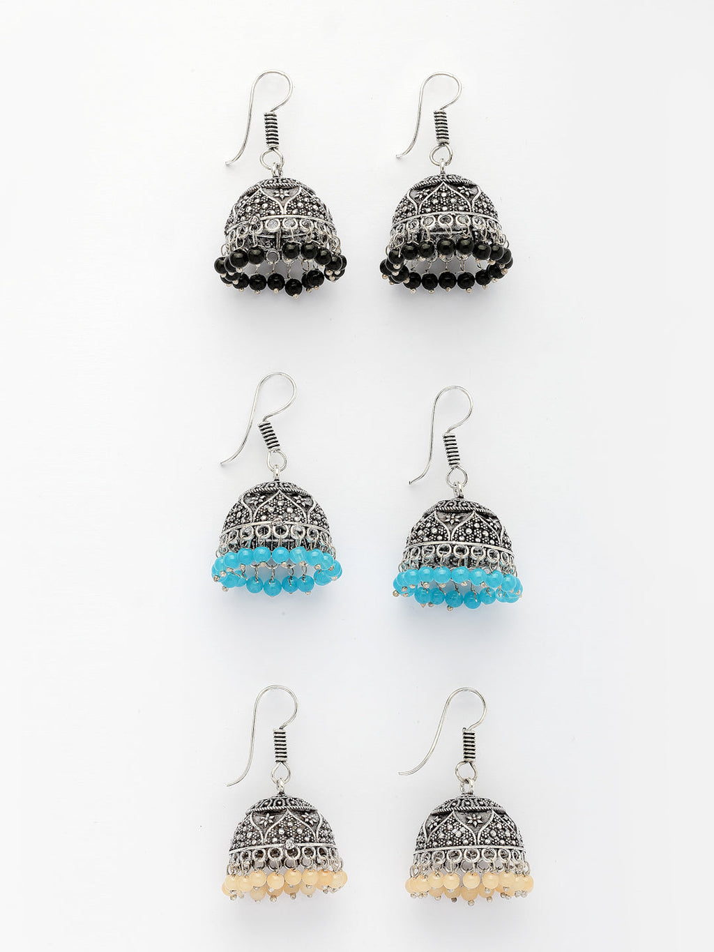 NVR Women Pair of 3 Multicolor Artificial Beads Oxidized Silver Plated Jhumka Earrings