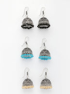 NVR Women Pair of 3 Multicolor Artificial Beads Oxidized Silver Plated Jhumka Earrings