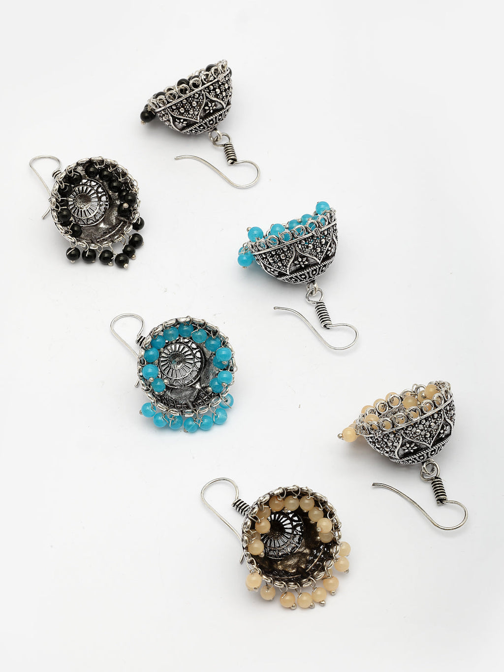 NVR Women Pair of 3 Multicolor Artificial Beads Oxidized Silver Plated Jhumka Earrings