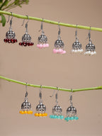 NVR Women's Pair of 5 Oxidized Silver Plated Multicolor Artificial Beads Jhumka Earrings
