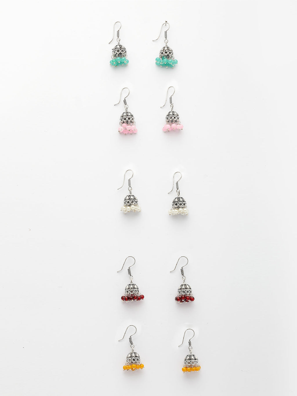 NVR Women's Pair of 5 Oxidized Silver Plated Multicolor Artificial Beads Jhumka Earrings
