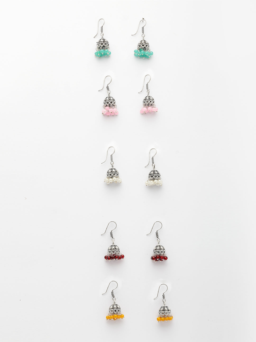 NVR Women's Pair of 5 Oxidized Silver Plated Multicolor Artificial Beads Jhumka Earrings
