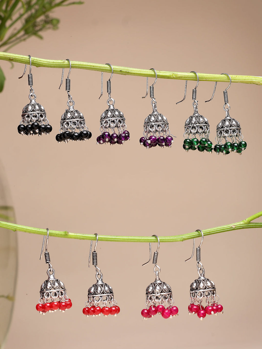 NVR Women Pair of 5 Oxidized Silver Plated Multicolor Artificial Beads Jhumka Earrings