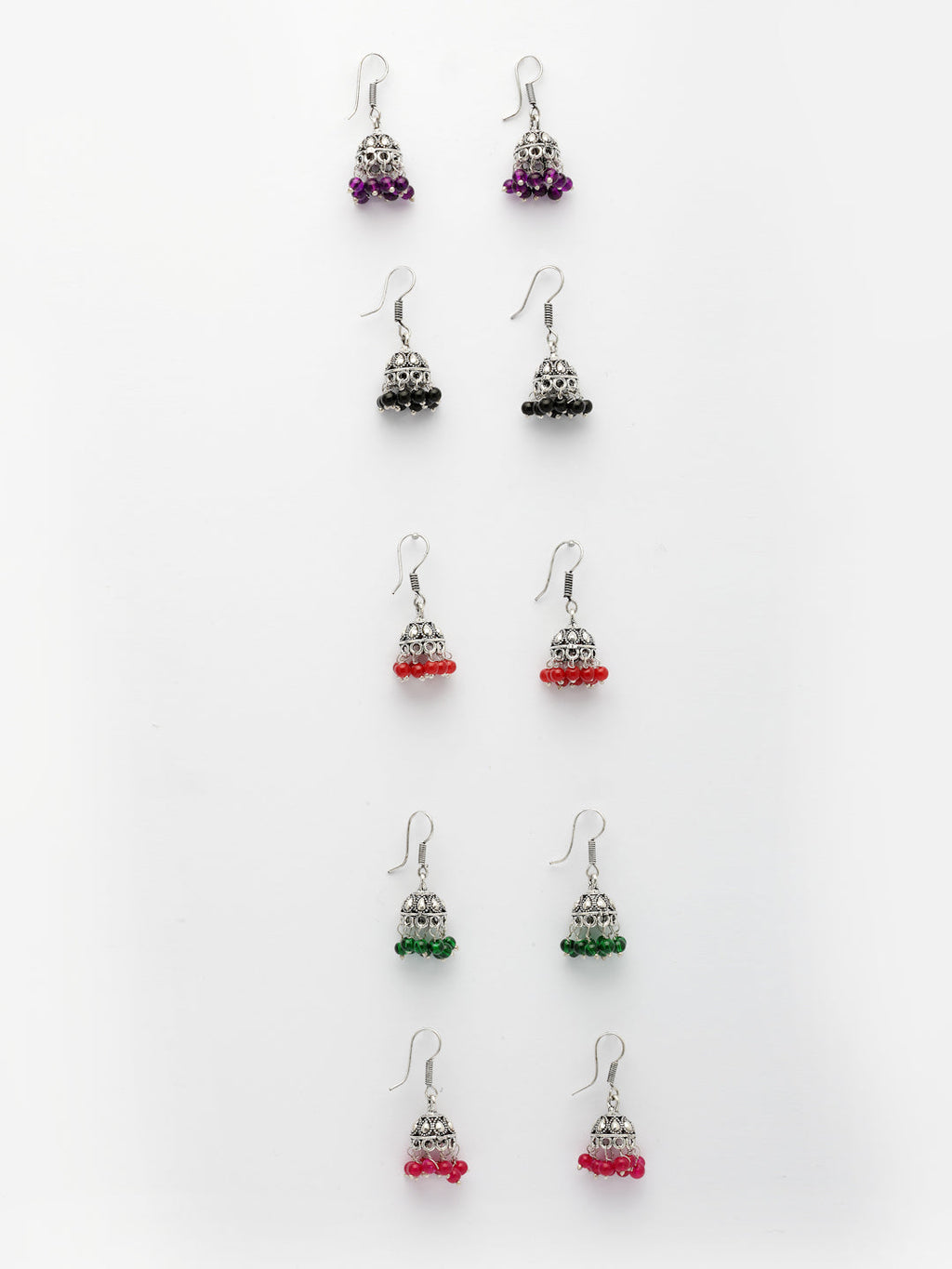 NVR Women Pair of 5 Oxidized Silver Plated Multicolor Artificial Beads Jhumka Earrings