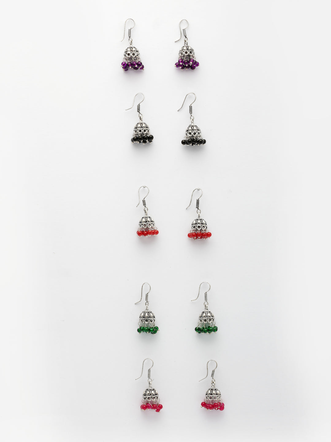 NVR Women Pair of 5 Oxidized Silver Plated Multicolor Artificial Beads Jhumka Earrings