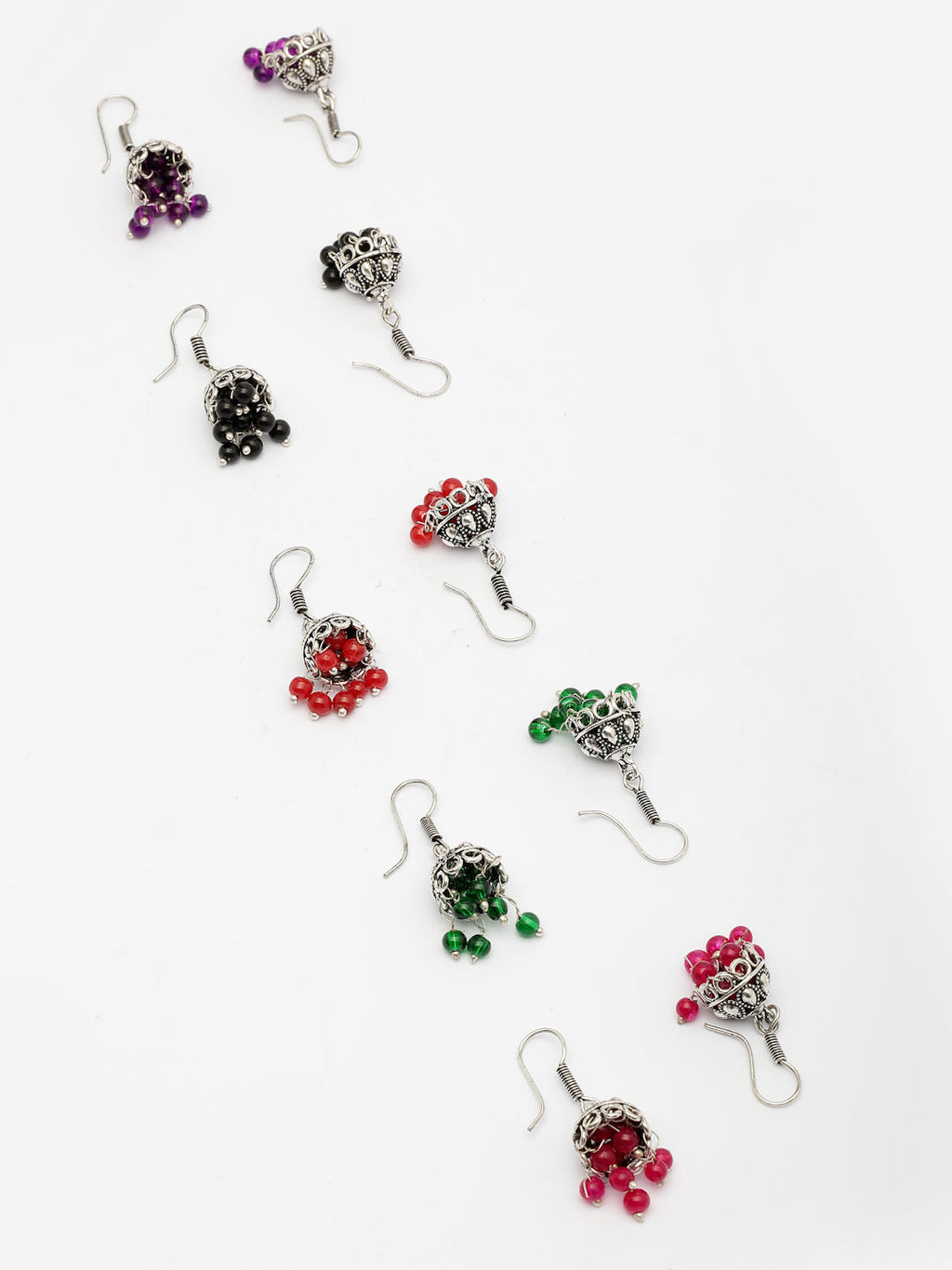 NVR Women Pair of 5 Oxidized Silver Plated Multicolor Artificial Beads Jhumka Earrings