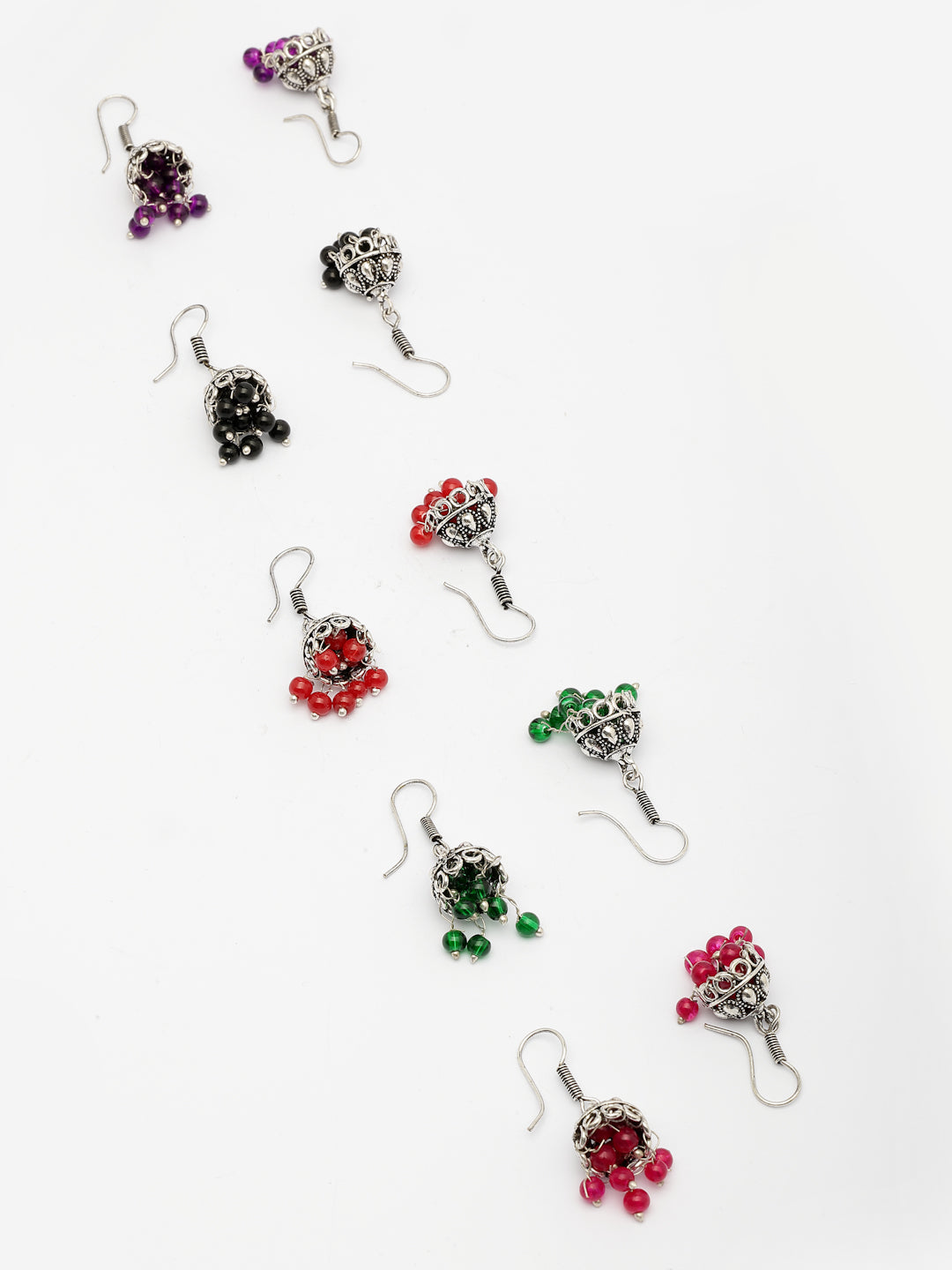 NVR Women Pair of 5 Oxidized Silver Plated Multicolor Artificial Beads Jhumka Earrings