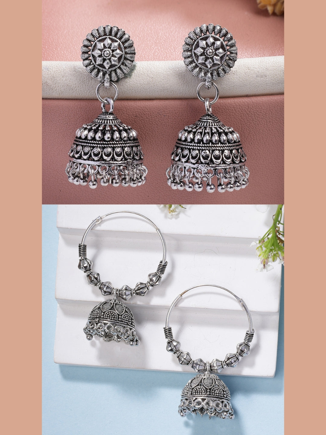 NVR Women Set of 2 Silver Plated Traditional Oxidized Jhumka Earrings | Grocsy