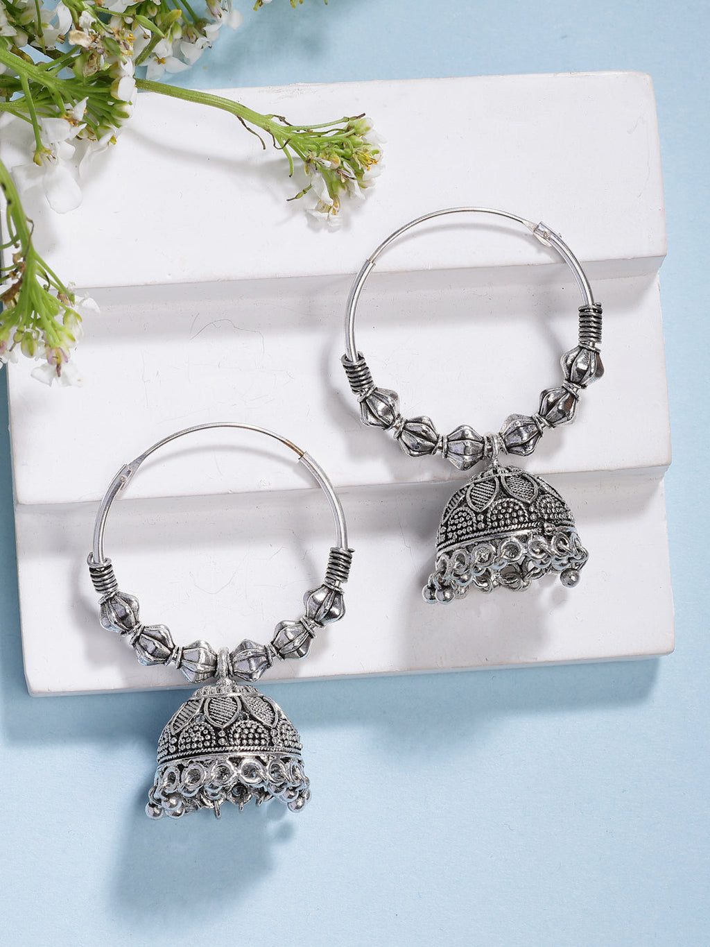 NVR Women Set of 2 Silver Plated Traditional Oxidized Jhumka Earrings | Grocsy