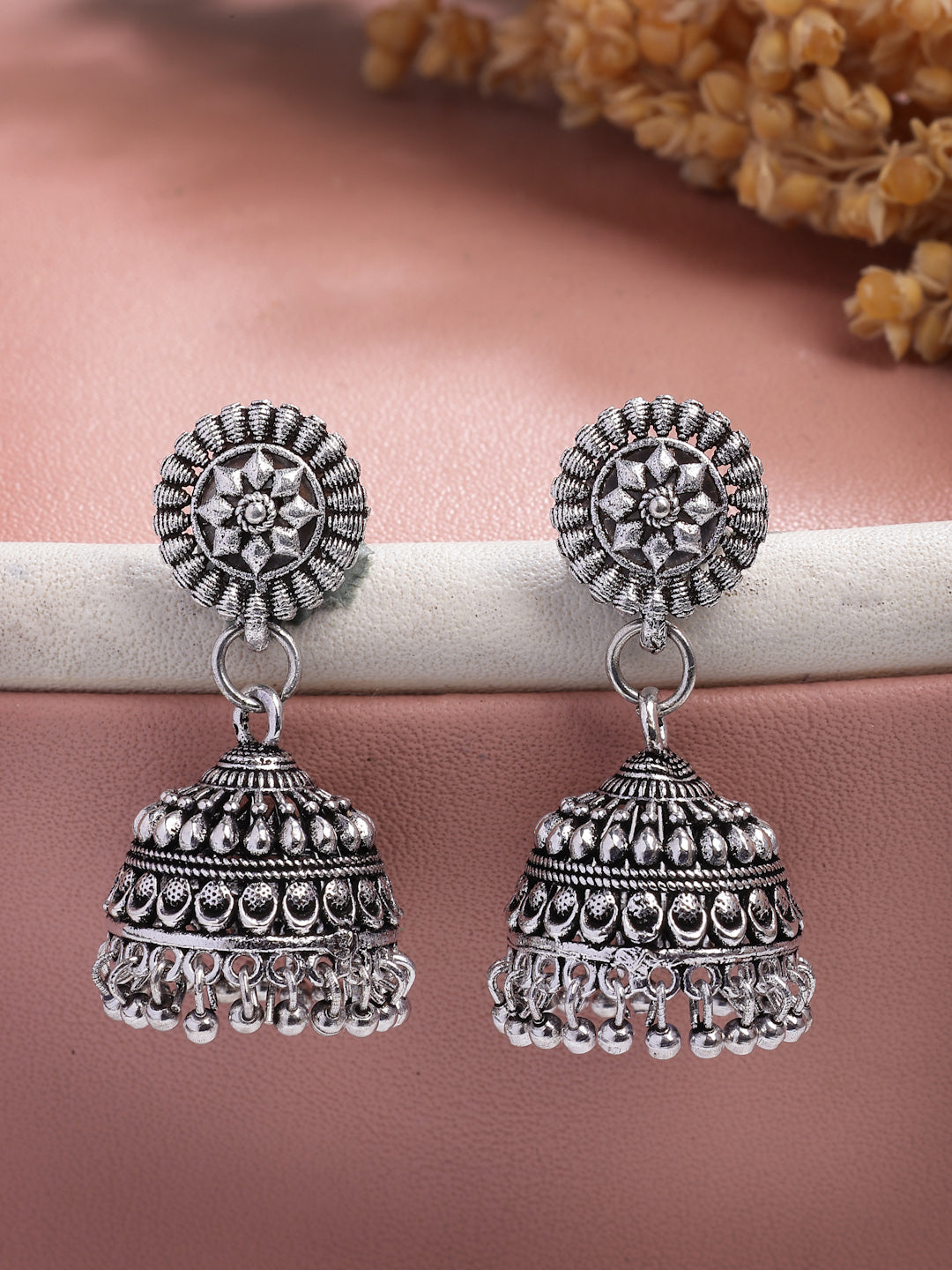 NVR Women Set of 2 Silver Plated Traditional Oxidized Jhumka Earrings | Grocsy