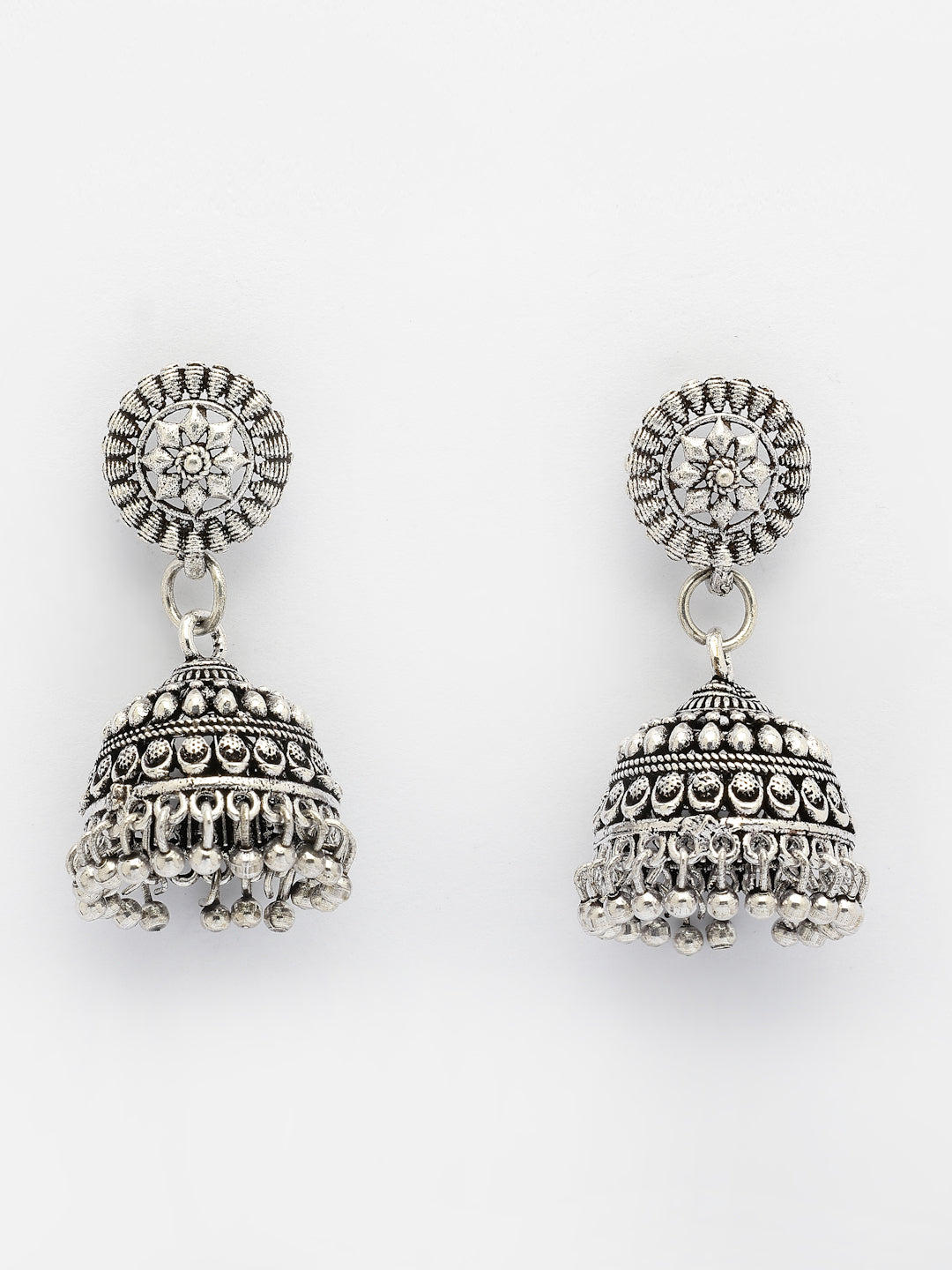 NVR Women Set of 2 Silver Plated Traditional Oxidized Jhumka Earrings | Grocsy